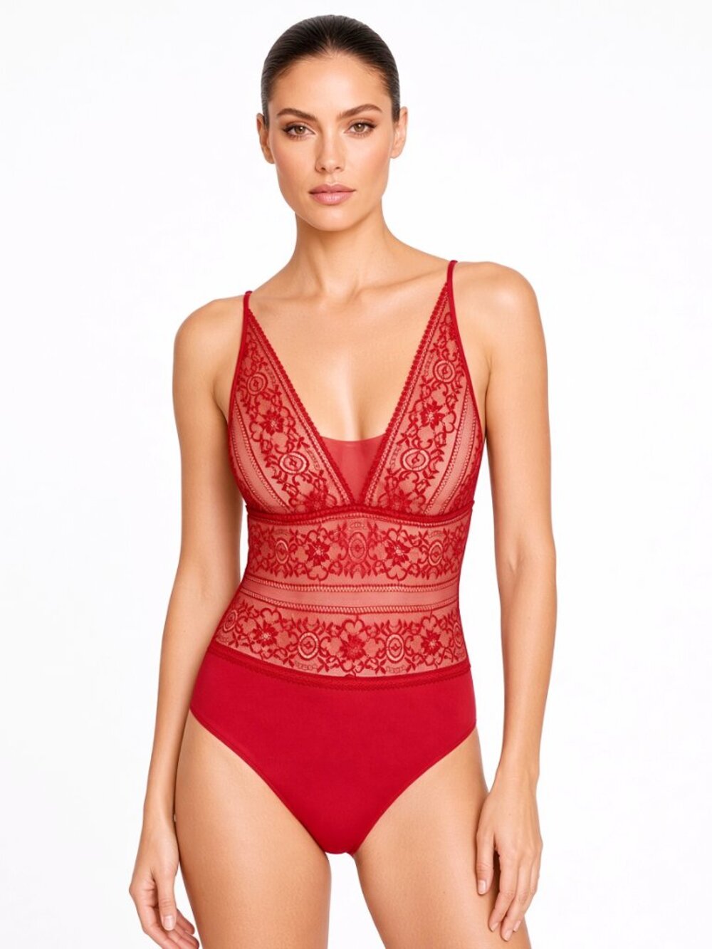 Stella McCartney Ophelia Whistling Red Leavers Lace & Silk Bodysuit